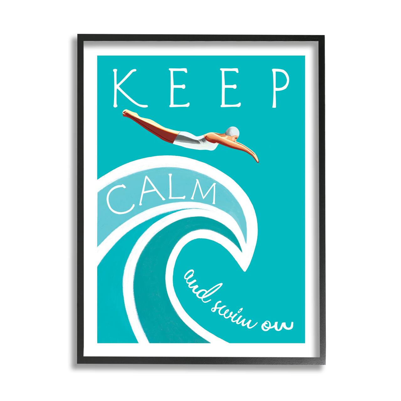 Stupell Industries Keep Calm Swim On Phrase Female Diver Blue Wave in Black Frame Wall Art